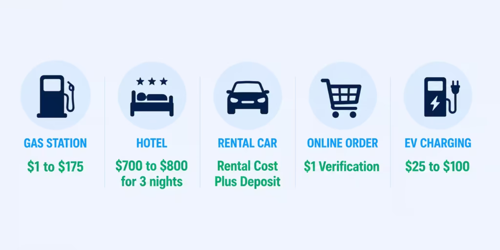 Icons comparing typical hold amounts for gas, hotel, rental car, online, and EV charging purchases