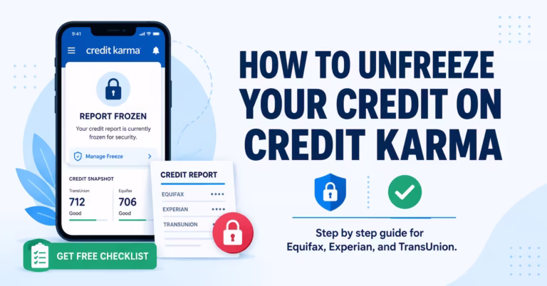 Smartphone showing a frozen credit report app screen next to a guide title on how to unfreeze credit on Credit Karma