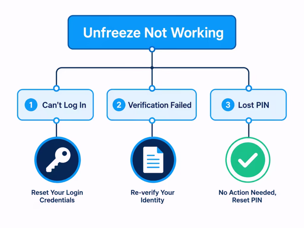 Decision tree diagram branching into login problems, verification failures, and lost PIN troubleshooting paths