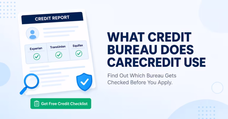 Credit report document showing three bureau columns beside text asking what credit bureau CareCredit uses