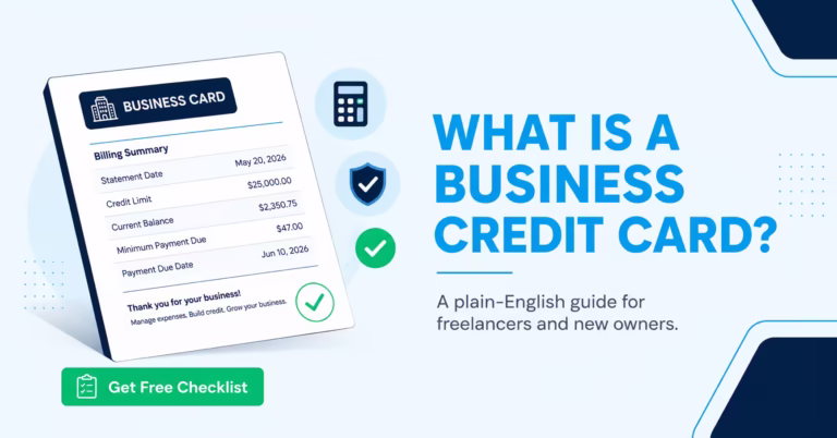 Business credit card statement and application document with checklist icons for freelancers.