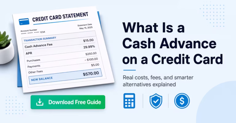 Credit card statement showing cash advance fee and APR next to a calculator and shield icon