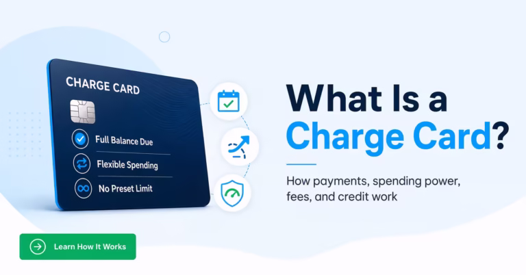 Charge card with payment and flexible spending information beside article title