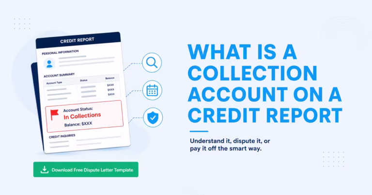 Credit report showing a collection account entry flagged with balance and status details