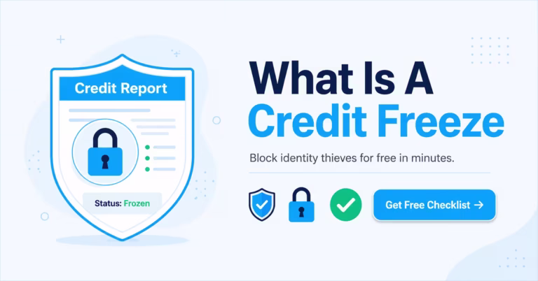 Illustration of a shield shaped credit report with a padlock showing a frozen credit status