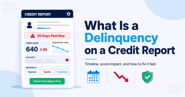 Credit report showing a 30 days past due delinquency status and declining score arrow
