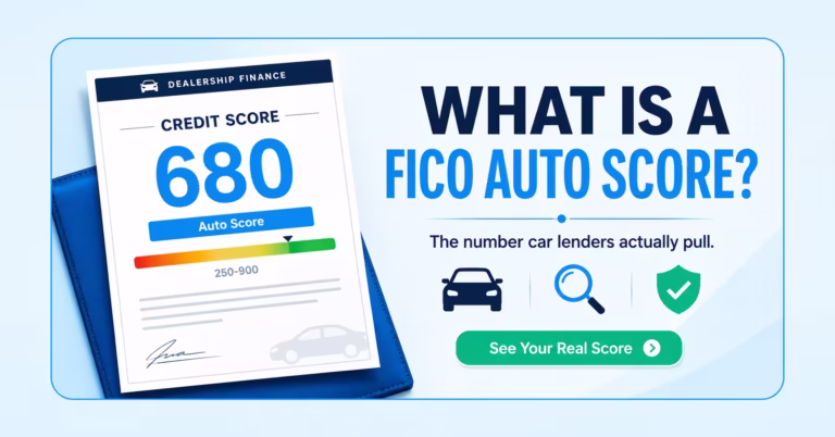 Dealership finance document showing a credit score printout next to article title about FICO auto scores