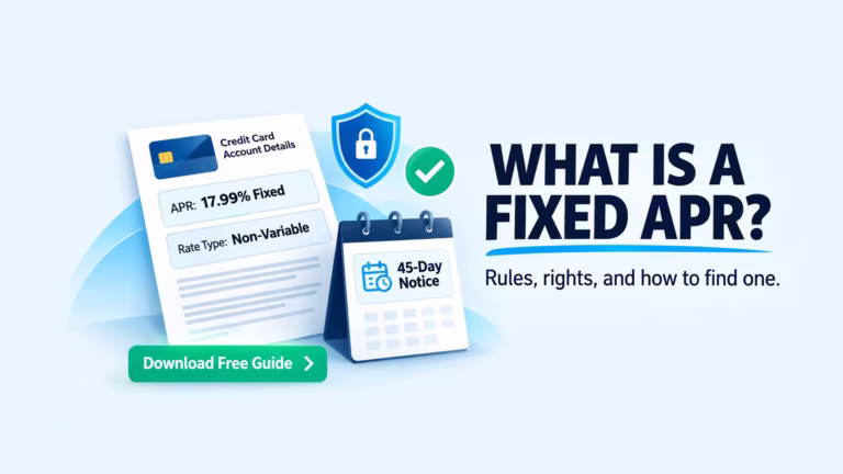 A credit card statement showing a fixed annual percentage rate next to a guide about fixed APR rules