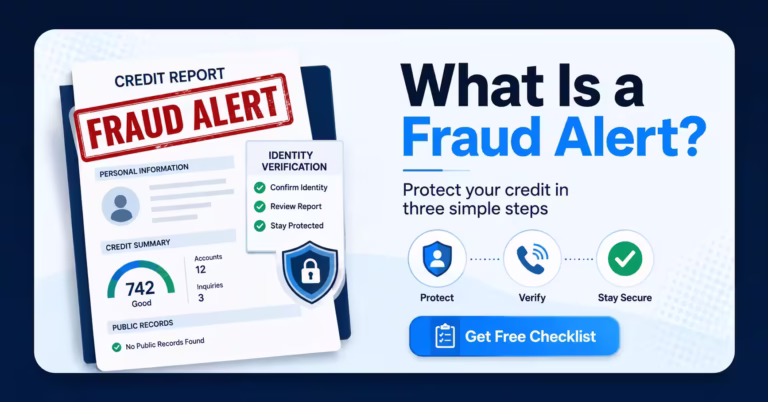 : Credit report document with a fraud alert stamp and identity verification shield icon