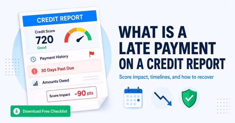 Credit report document showing a late payment entry and score impact next to article headline.