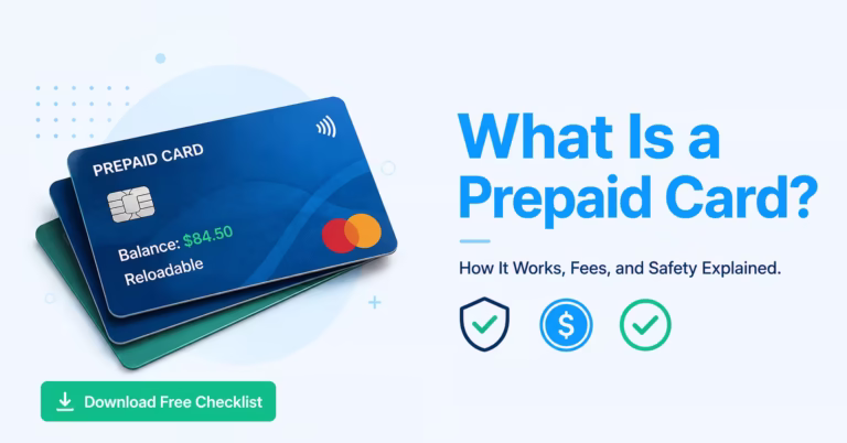 Prepaid card guide showing a reloadable payment card and balance details explaining fees and safety