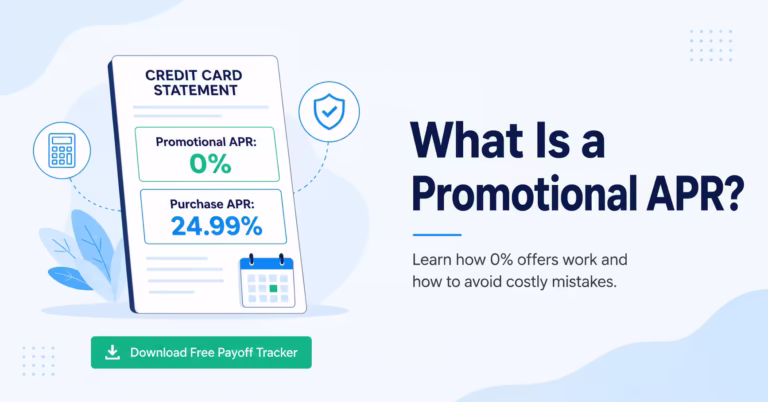 A credit card statement showing separate promotional APR and purchase APR sections next to explanatory headline text