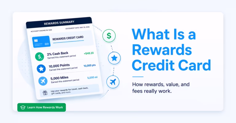 A rewards credit card illustration showing cash back, points, miles, and reward value