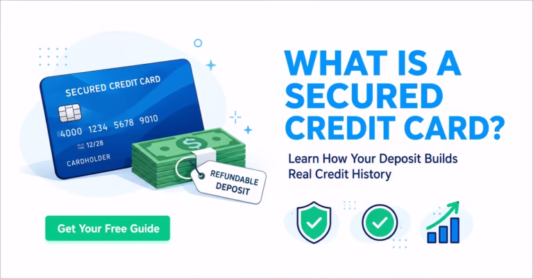 A secured credit card next to a stack of cash representing a refundable deposit and credit building