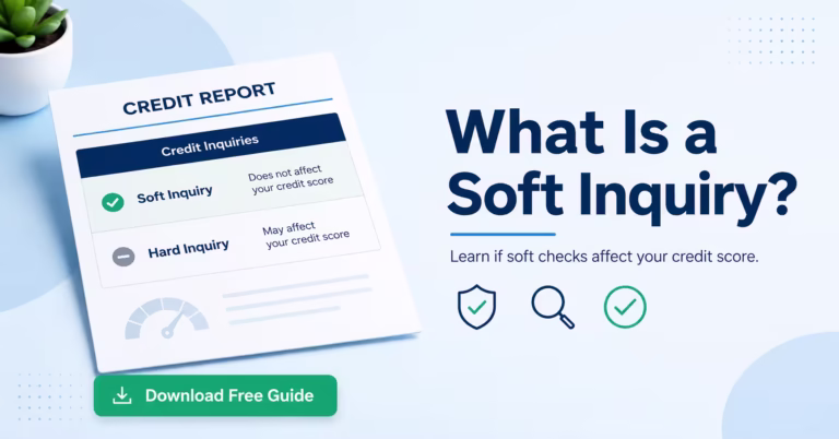 A credit report document showing soft inquiry and hard inquiry entries with a download guide button