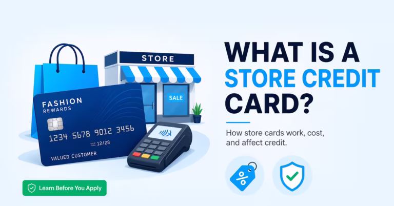 Store credit card beside shopping rewards and payment symbols on a clean financial illustration