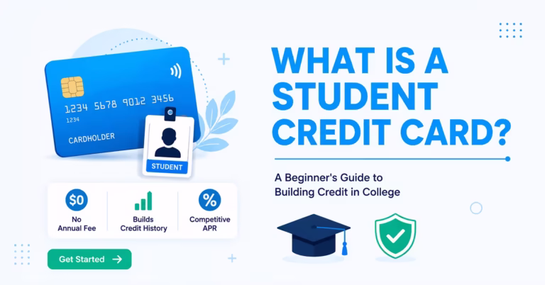 Illustration of a student credit card with icons representing credit building and no annual fee