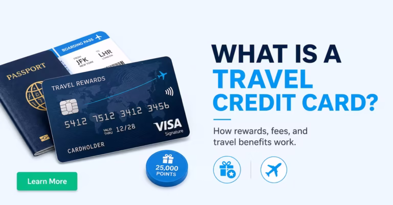Travel credit card beside points, travel perks, and a comparison checklist