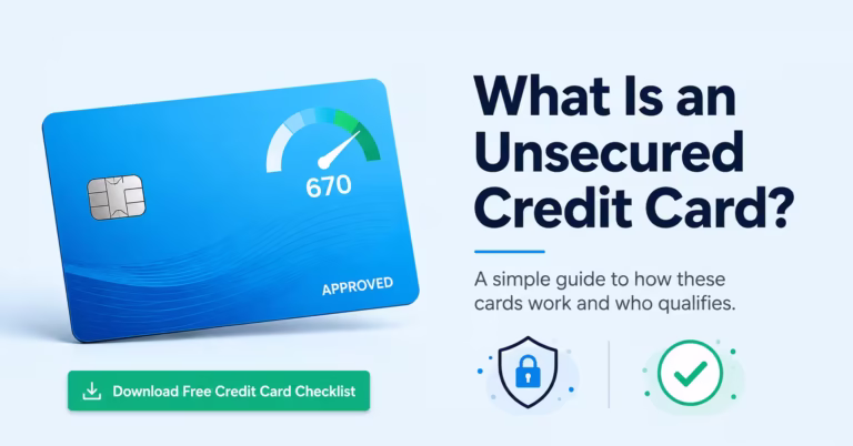 Illustration of a credit card with a score gauge showing what an unsecured credit card is