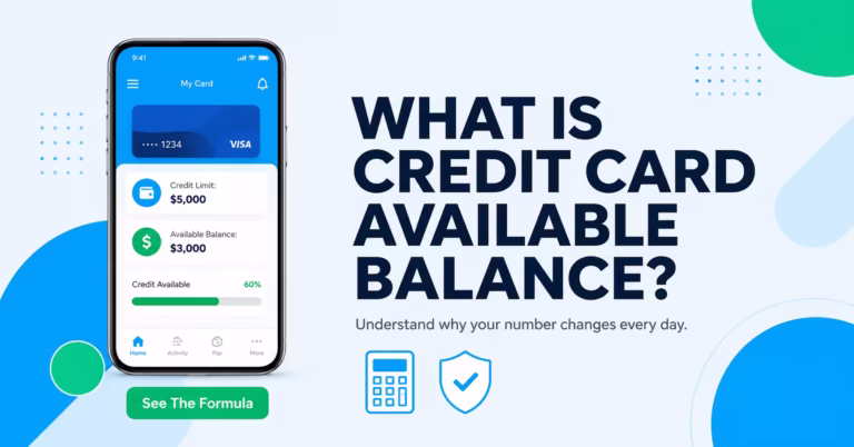 Mobile banking app screen showing credit limit and available balance next to article headline about available balance