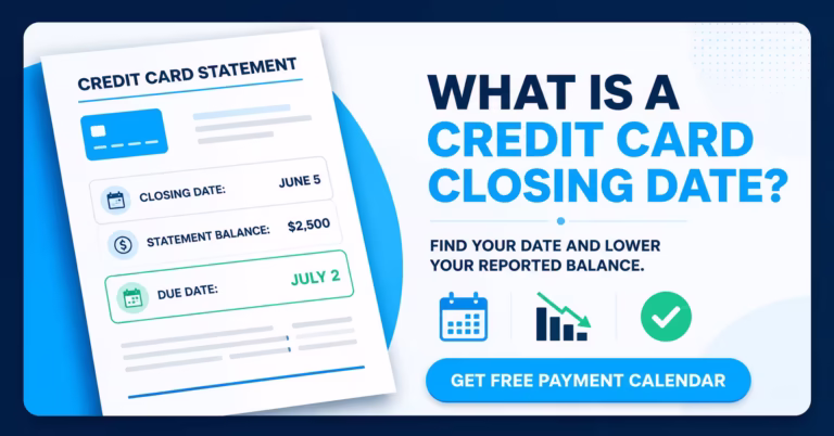 Credit card statement showing closing date and balance next to article headline about closing dates