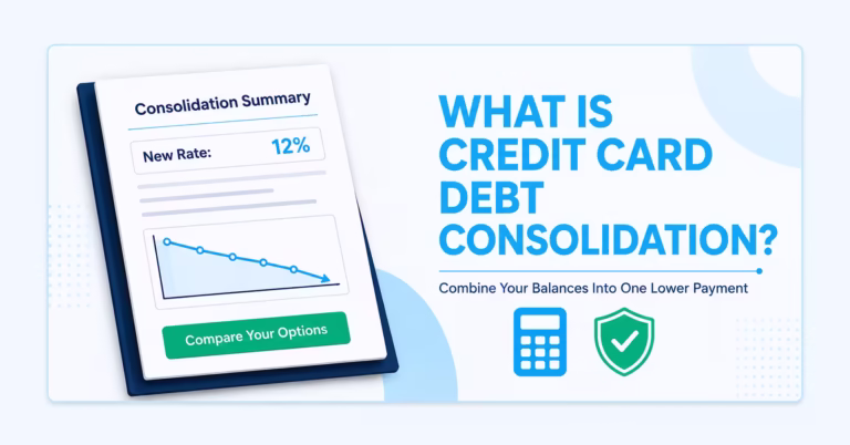 Illustration explaining what credit card debt consolidation is with a summary document and lower rate example