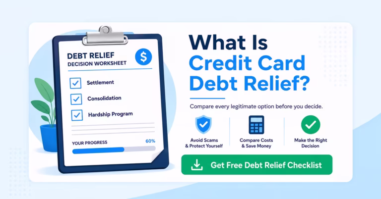 Clipboard checklist comparing credit card debt relief options including settlement and consolidation