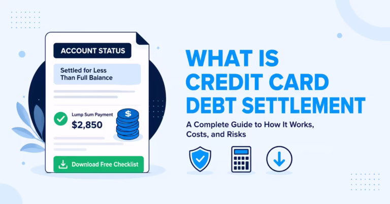 Illustration explaining what credit card debt settlement is with a credit report summary and savings icons