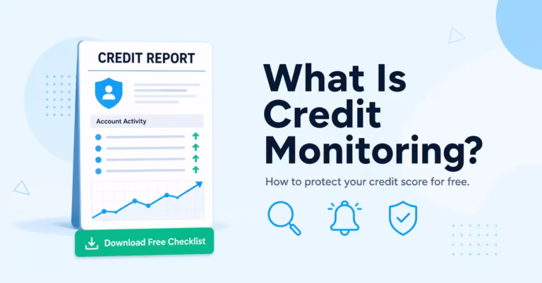 What is credit monitoring guide showing a credit report document with alert and checklist icons