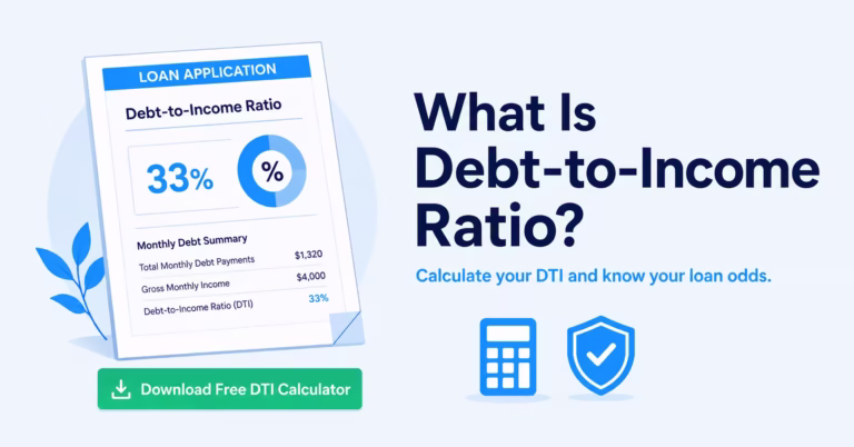Loan application document showing a debt-to-income ratio percentage and calculator icon
