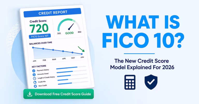 A credit report document beside bold text explaining what FICO 10 is and how it works