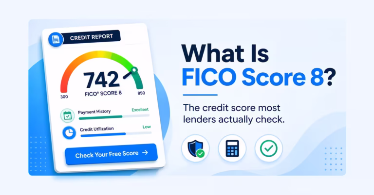 Credit report document with a score gauge illustrating what FICO Score 8 measures for lenders
