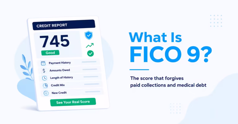 Credit report document showing a FICO 9 score of 745 with a good rating tier label.