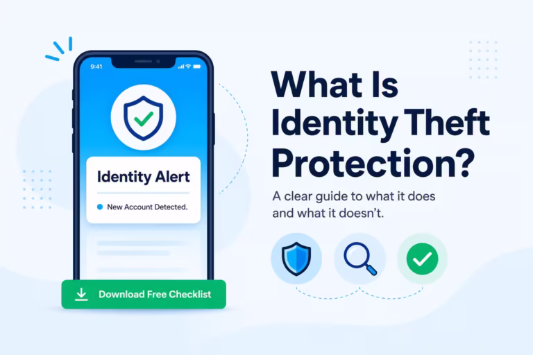 Phone screen showing a security alert next to text explaining what identity theft protection covers