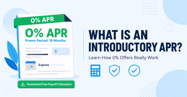 Credit card statement showing a 0% introductory APR promotional offer and payoff calculator