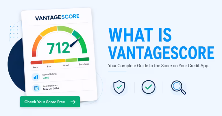 Credit score gauge showing a VantageScore report with a score dial and rating bands