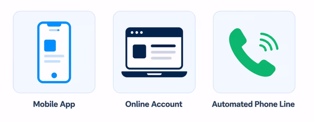 Three icons representing a mobile app, an online account, and an automated phone line for checking balances