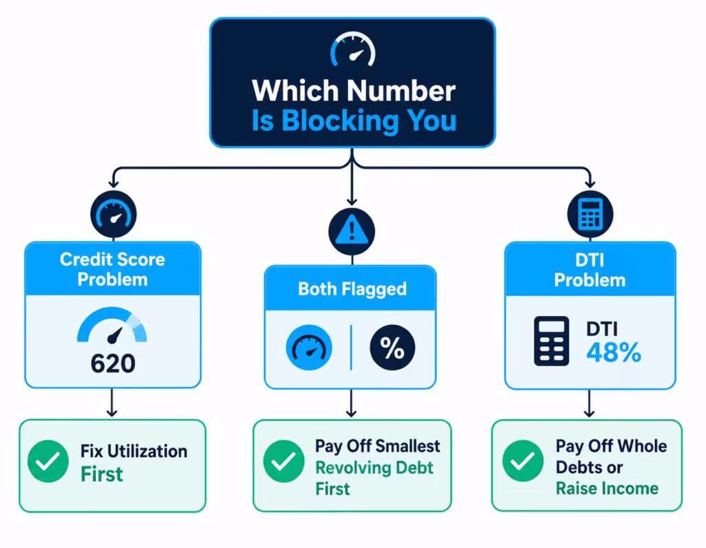 Decision tree showing which debt ratio to fix first based on the reader's specific problem