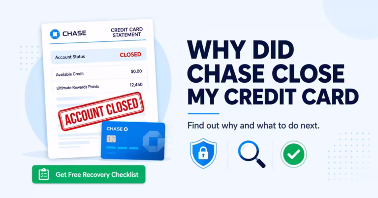 Illustration of a closed credit card statement next to a headline about why Chase closed a credit card