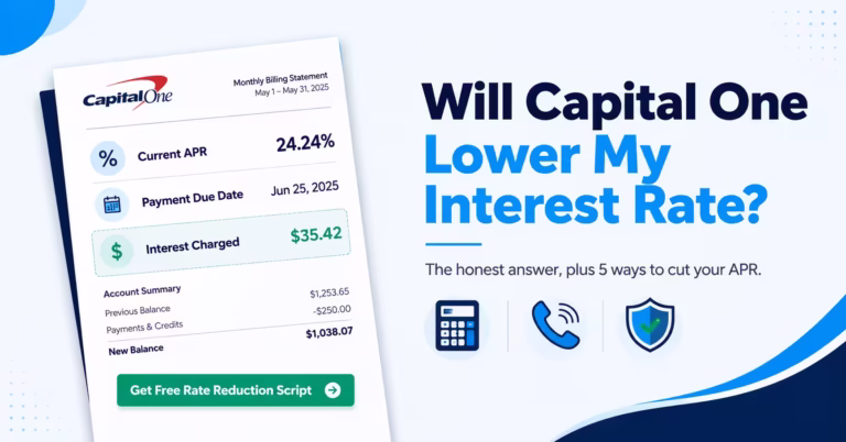 Credit card statement beside bold text asking will Capital One lower my interest rate