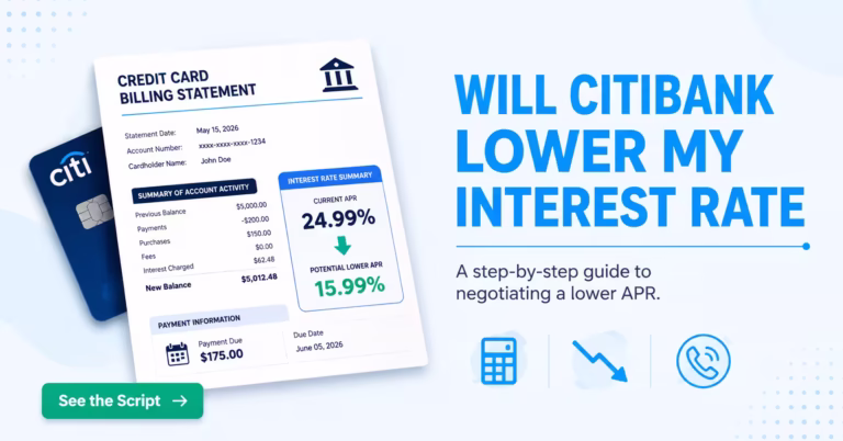 Citi credit card statement showing a lowered APR percentage with a downward arrow and phone icon