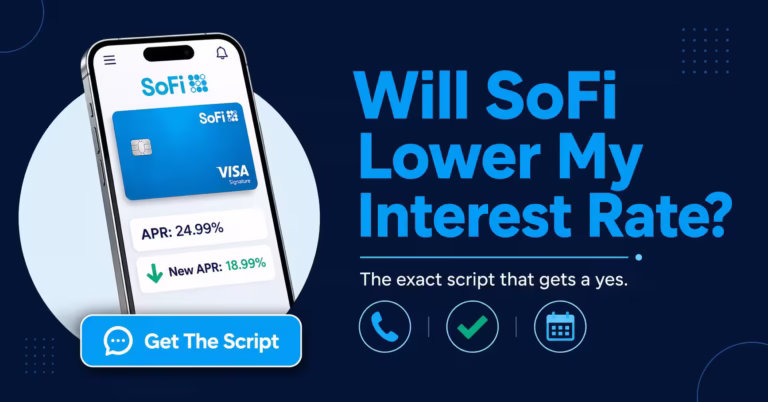 SoFi credit card app showing interest rate dropping from 24.99 percent to 18.99 percent after a rate reduction request