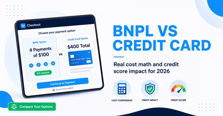 BNPL vs credit card comparison checkout screen showing payment plan and total cost options