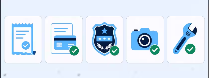 Five icon cards representing receipt, statement, police report, photo, and repair estimate documents
