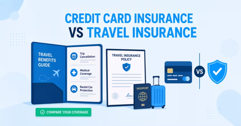 Credit card and insurance policy documents side by side comparing travel coverage options for a trip
