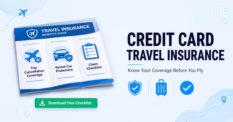 Illustration of a travel insurance benefits guide next to bold text about credit card travel insurance coverage.
