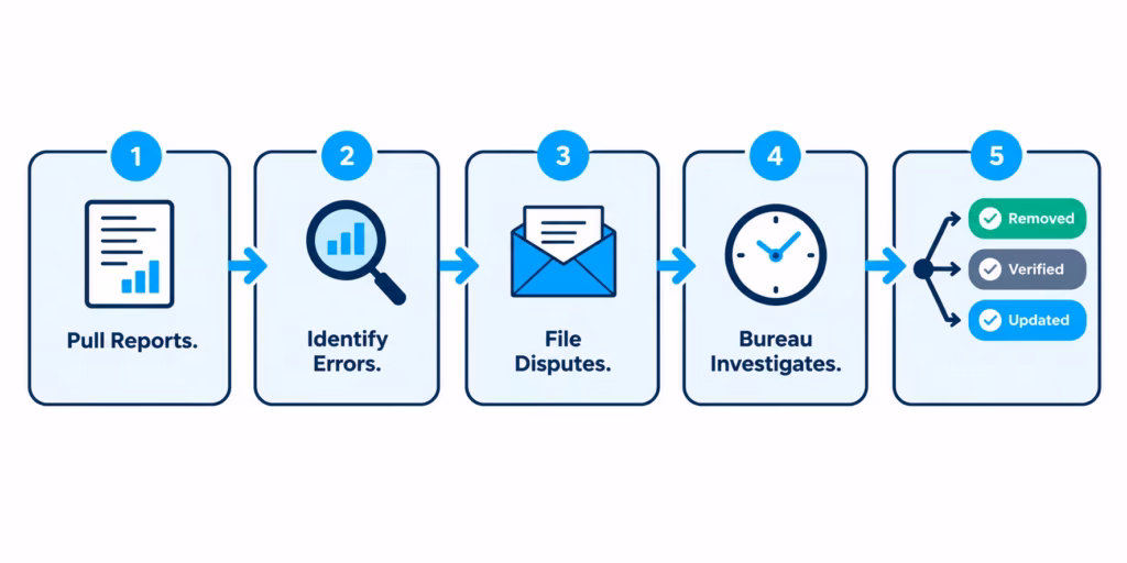 Flowchart showing the five step process of pulling reports, disputing errors, and getting an outcome