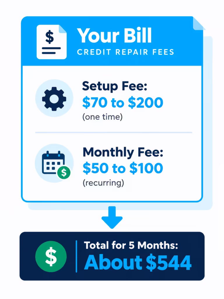 Diagram breaking down setup fee, monthly fee, and total cost for a credit repair engagement