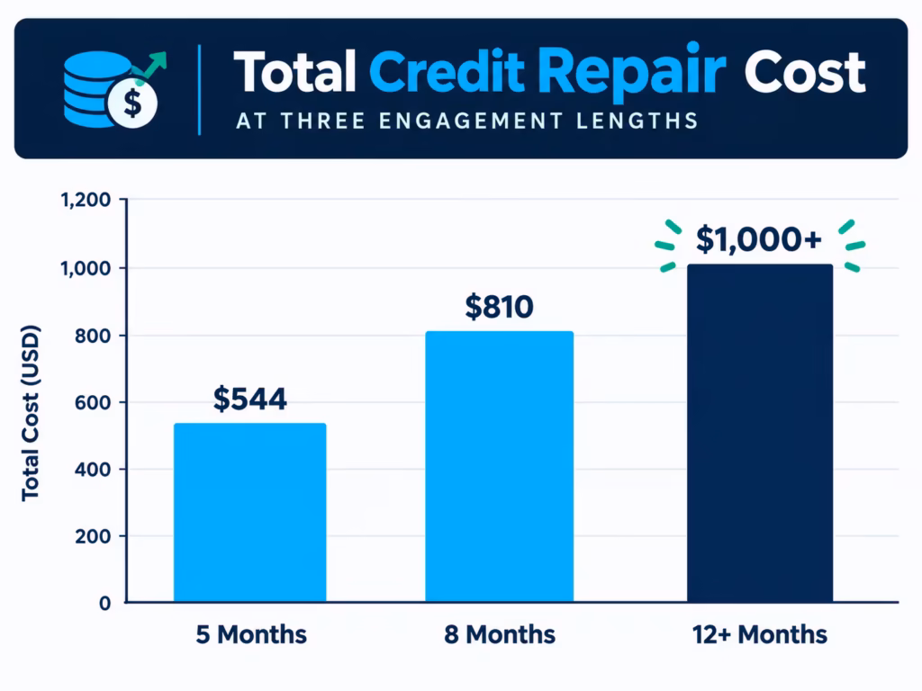  Bar chart showing total credit repair cost increasing across five, eight, and twelve month engagements