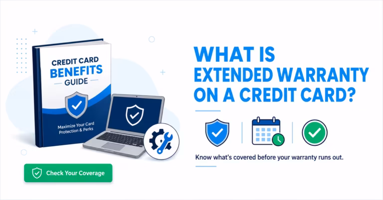 Credit card benefits guide booklet next to a laptop showing warranty coverage information